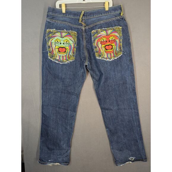 RMC Martin Ksohoh Red Monkey Jeans Size 36x33 Chinese Dragon Patches Button Fly